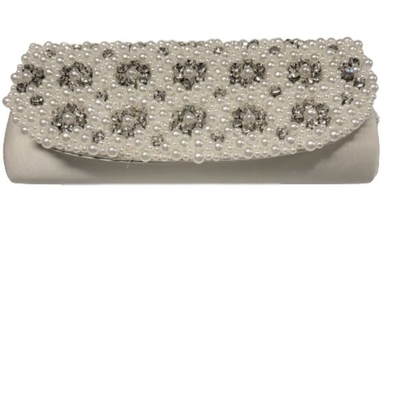 Simon Chang Pearl and Crystal Studded Evening Cocktail Wedding White Purse - Picture 12 of 16
